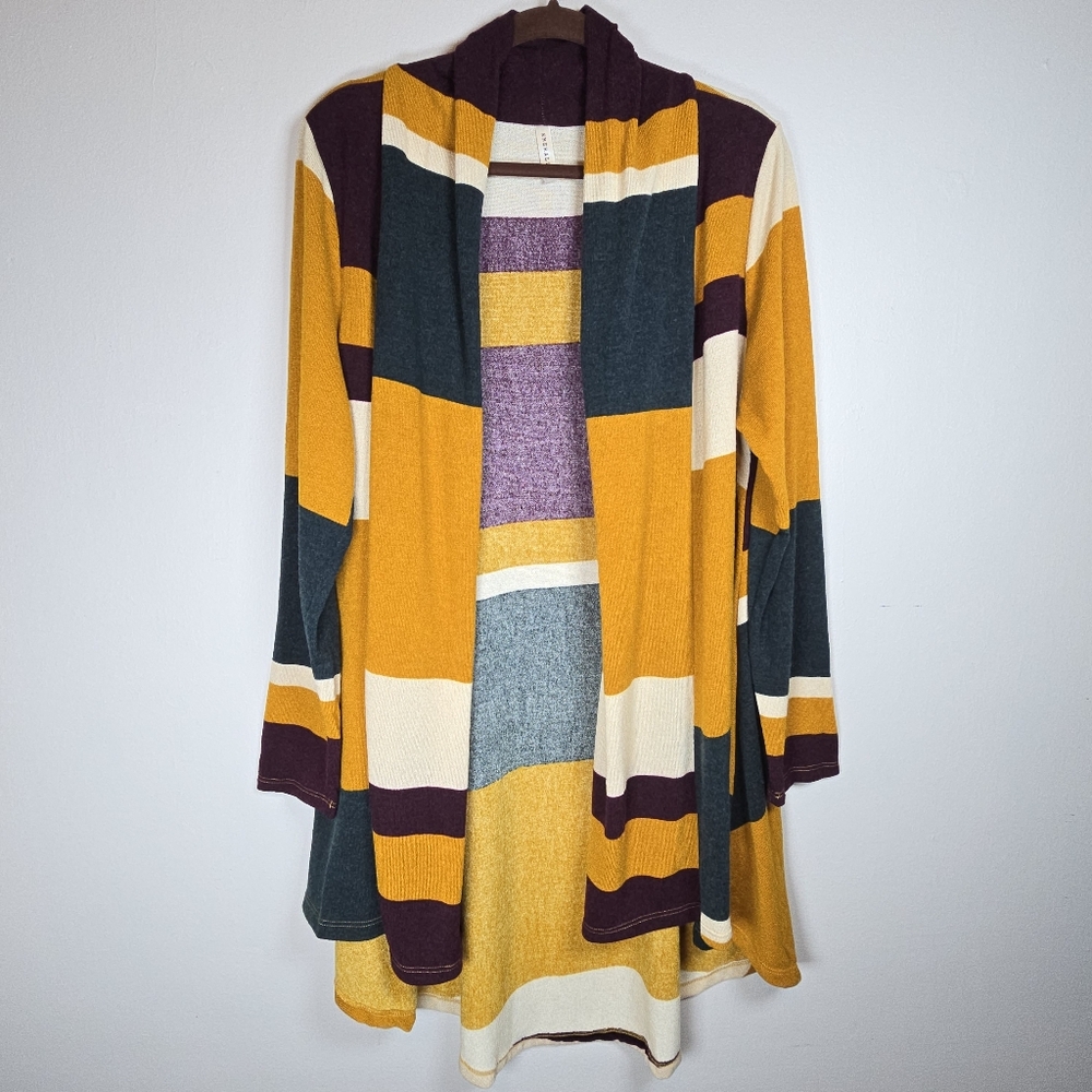 Emerald Women's Long Open Cardigan Stripe Multi-Color Stretch 1X Cozy Chic Boho